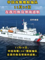 中国海警舰艇编队11月16日在我钓鱼岛领海巡航